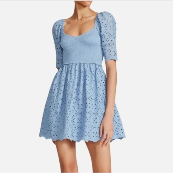 Betsey Johnson Dress Blue Smock Eyelet Mini Dress Puff Sleeve Summer Cotton XS - Picture 1 of 15